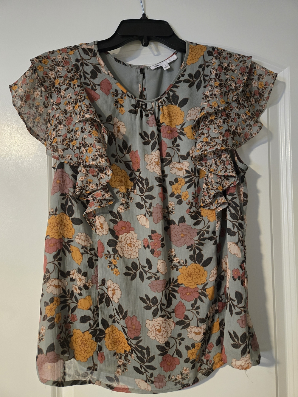Dr2- Ruffle Sleeve Dress Top - Sage with Pink & Mustard Flowers